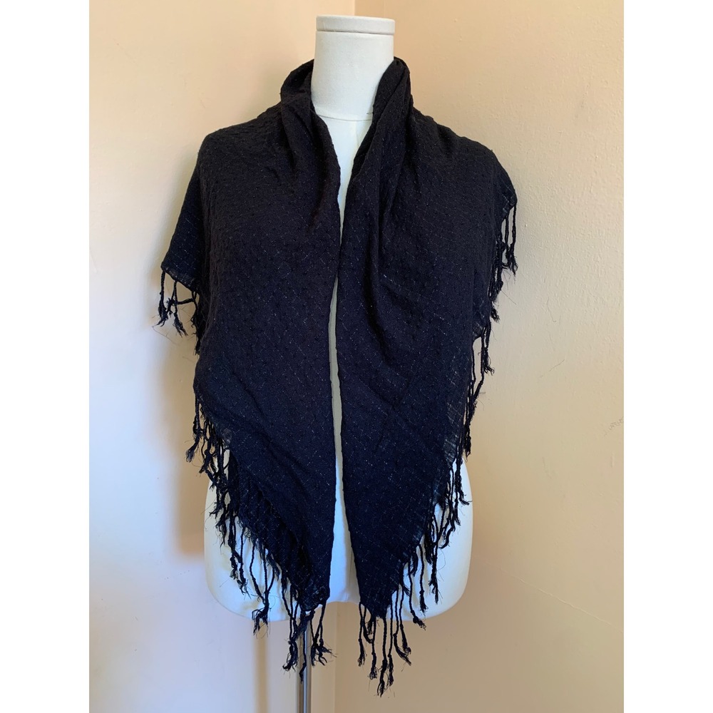 Black Metallic Thread Fringed Triangle Scarf Wrap Woven Sparkle Boho